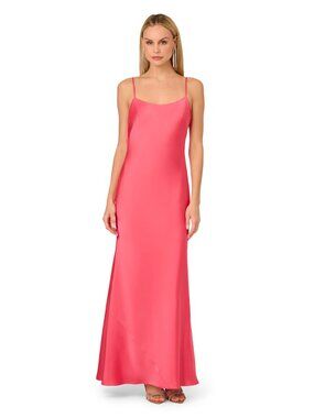 NWT New $245 Adrianna Papell Stretch Satin Long Dress In Beach Rose Size 12